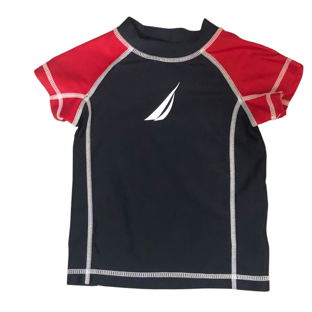 Nautica short sleeve UV Protection Black & Red Swim top rash guard Sz 12 Mo